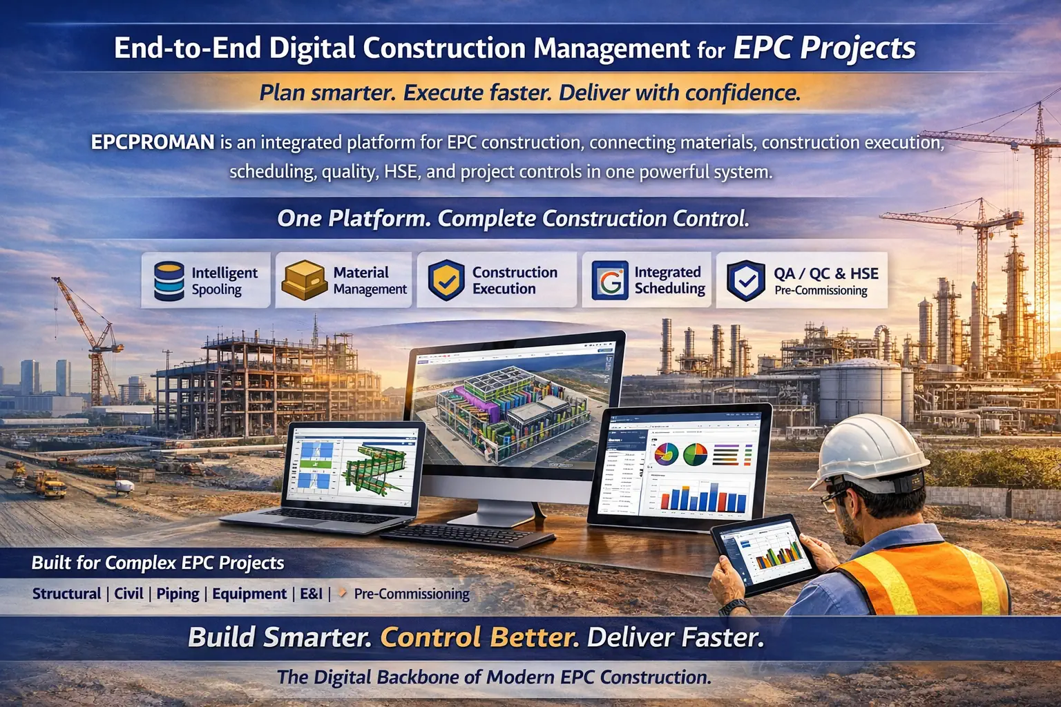 EPCPROMAN Dashboard showing construction analytics, 3D progress, and real-time metrics
