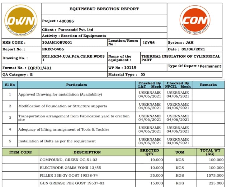 Equipment Erection Report